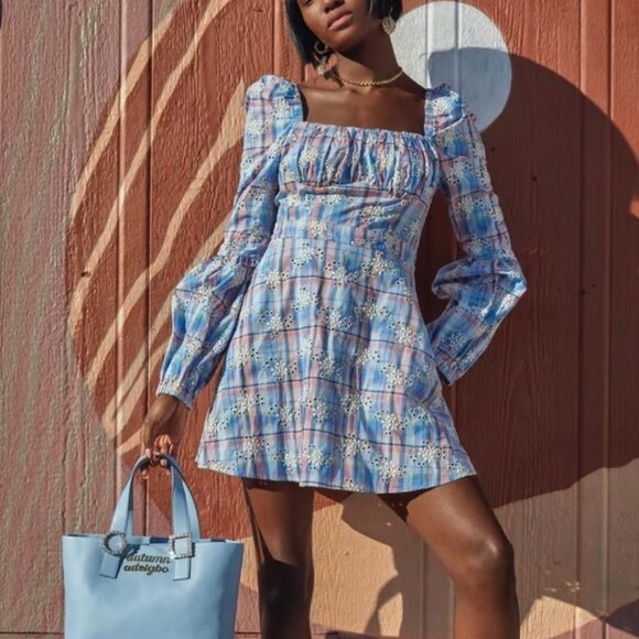 Autumn Adeigbo Catira Check Eyelet Puff-Sleeve Mini Dress in Blue Eyelet Print 4 - Picture 1 of 8